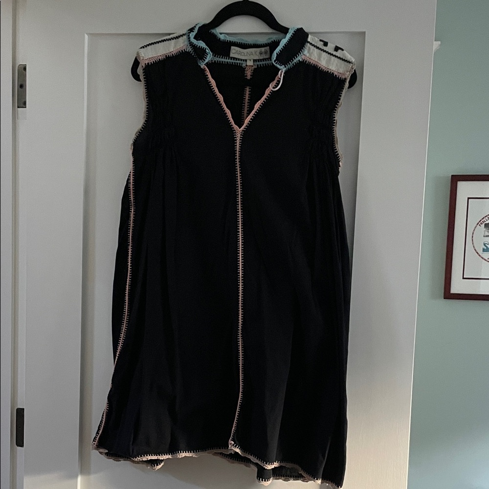 Black Cotton Sleeveless Dress with Embroidered Accents